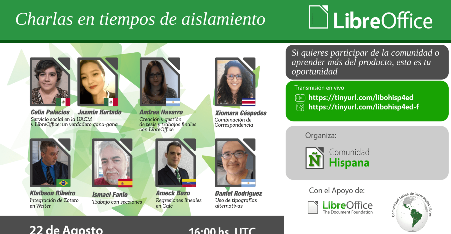 Cartel sobre de la charla de la comunidad hispana de LibreOffice del próximo 22/08/2020.
